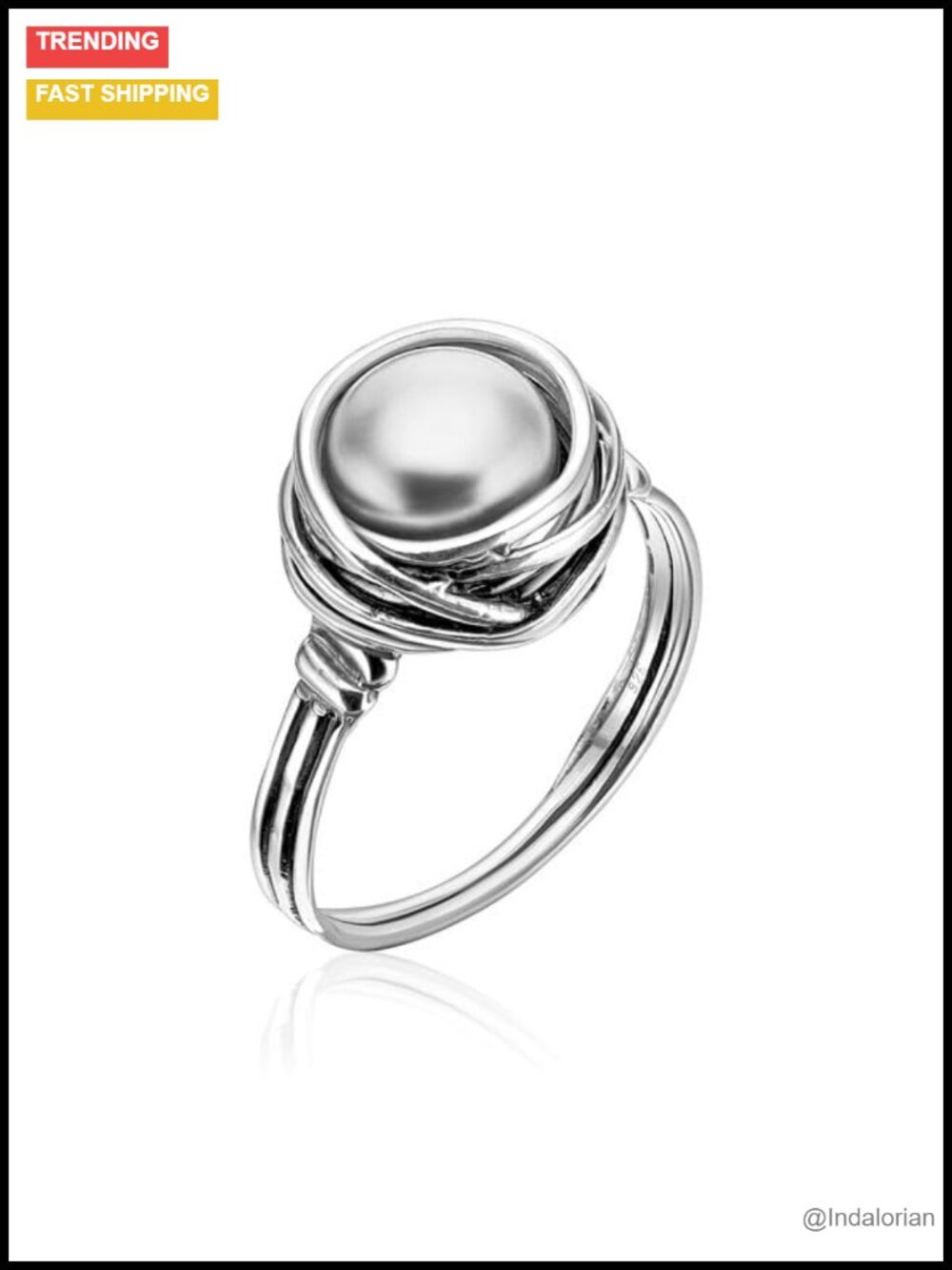925 Sterling Silver Pearl Ring Wire Wrap Vintage Statement Ring for Women